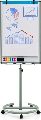 Zdjęcie produktu dla Flipchart 100 × 65 cm, mobilny na kółkach, z regulacją wysokości i magnetyczny z półką na pisaki, 1 gumką, 6 markerami, 12 magnesami i 2 klipsami