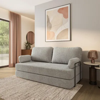 Produktbild von Masseno Schaumstoffsofa NIKSI mit Schlaffunktion, Schlafsofa, Wohnzimmersofa, Couch, Sofa, Bettsofa, Bucle-Stoff – Hellgrau QUELLE 83