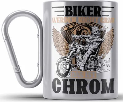 Produktbild von Trendation - Biker Werden Nicht Grau Das Ist Chrom Edelstahl Tasse Karabiner Geschenk Motorradfahrer Biker Geschenkidee (Silber)
