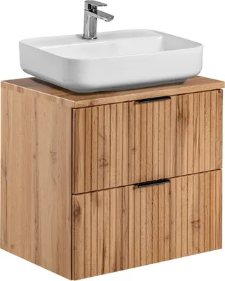 Produktbild von Badmöbel Waschtisch Unterschrank 60 cm Set Wotaneiche gerillt, 50 cm Keramik-Waschbecken, 2 Softclose-Schubkästen, B/H/T 60,6/73,2/46,5 cm