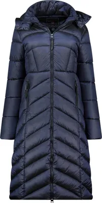A navy blue puffer coat is displayed front and center against a white background.