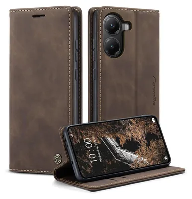A brown leather flip case for a smartphone, shown in multiple angles and with the phone inside.