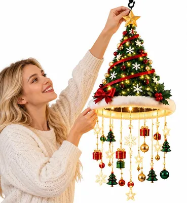 Produktbild von LED Weihnachtsmütze Deko, warmweißes Weihnachtslicht mit Stern-Lichterkette, Weihnachts Hängedeko für Innen und Außen, Balkon, Tür und Terrasse