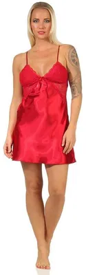 Produktbild von Damen Negligé Satin Nachtkleid Reizwäsche mit Spitze; Weinrot/L