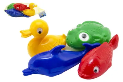 Productafbeelding van Badspeelgoed set met dieren, plastic, 4 stuks in een netje, afmetingen 20x14x7 cm, geschikt voor kinderen vanaf 12 maanden