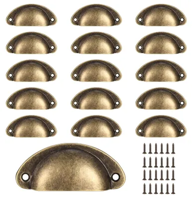 Productafbeelding van Vintage-schelpgrepen, 16 stuks, kastgrepen, ladeknopen met schroeven, meubelgrepen, keuken kastgrepen, ladeknopen – brons