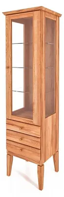 Produktbild von Vitrine Sydo aus Kernbuche massiv 50x45x180 cm 1 Tür 3 Schubladen Glas Holzbeine