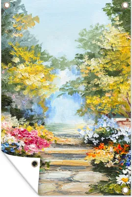 Produktbild von MuchoWow® 60x90 cm Outdoor-Poster Gartendeko Sichtschutz Garten Poster für den Garten  Malerei - Blumen - Natur - Ölfarbe