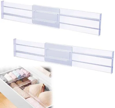 Obrázok produktu pre Unyqoos® nastaviteľné, priehľadné deliče do zásuviek – 27,5–52 cm, plast, samolepiace, vhodné na organizáciu v kuchyni a kancelárii