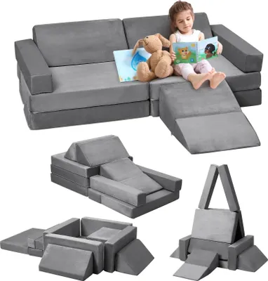 Produktbild von Modulares Spielsofa für Kinder - 12-teiliges Set - Kletterkeil - Quadratisches Bällebad - Faserfüllung - Für Kleinkinder und Spielzimmer - Grau