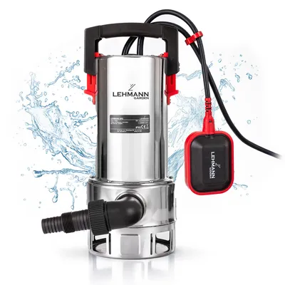 A submersible pump with a float switch, surrounded by water splashes.