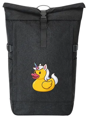 Produktbild von Huuraa Kurierrucksack Quietscheente Einhorn Gummiente Unicorn 30-44 Liter Black Melange Fairtrade Rolltop Rucksack Geschenkidee