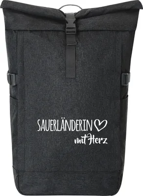 Produktbild von Huuraa Kurierrucksack Sauerländerin mit Herz 30-44 Liter Black Melange Fairtrade Rolltop Rucksack Geschenkidee