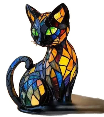 Obrázek produktu pro Noční lampička ve tvaru kočky, retro design – Ručně vyrobená 3D lampa z pryskyřice s teplým světlem, vhodná do ložnice a obývacího pokoje, dárek pro milovníky koček a psů