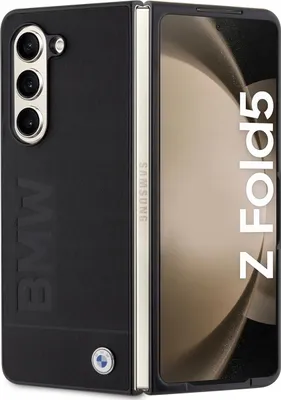 A folded smartphone with a black case featuring the BMW logo and text.