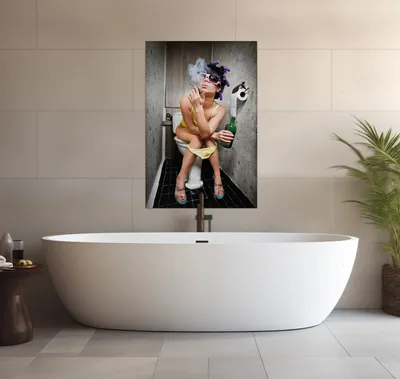 Produktbild von Wallario wasserfestes Poster selbstklebend 91,50 x 61 cm, Kloparty - Sexy Frau auf Toilette Zigarette & Schnapsflasche - farbig, Badezimmerposter Spritzschutz mit Hochglanzoberfläche in Glasoptik
