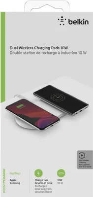 The image shows the packaging of a Belkin dual wireless charging pad.