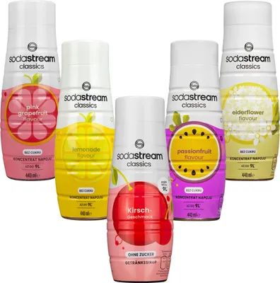 Image de Sirop SodaStream Pink Grapefruit Zero, Lemon Zero, Sugar Free Cherry, Passionfruit Zero, Elderflower Zero, 440ml, 5 pièces
