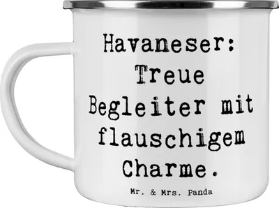 Produktbild von Mr. & Mrs. Panda Teebecher Spruch Havaneser Charme - Weiß - Geschenk, Hunderasse, Hunderassen, Eigenschaften, Campingbecher, Pflege, Kaffeepott, Kuschelstunden, Haferl