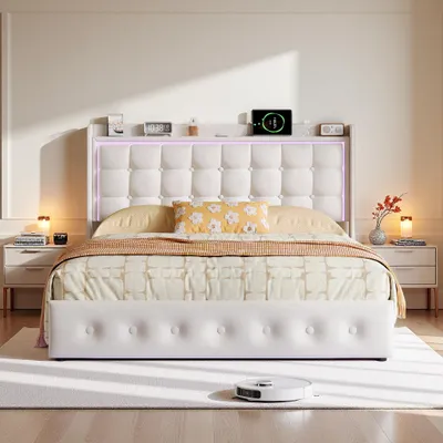 Produktbild von INONEFT Polsterbett 140x200 cm, Jugendbett mit LED-Beleuchtung, Lattenrost und Kopfteil, Schwebender Bettgestell mit 1 USB-C und 2 USB-A, Samt, Beige
