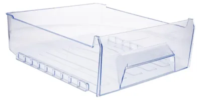 A clear, transparent plastic drawer for a refrigerator or freezer.