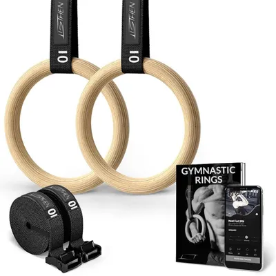 Image de Anneaux de gymnastique en bois avec sangles en nylon réglables, pour une utilisation à la maison et à l'extérieur