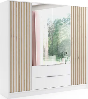Produktbild von ALTDECOR Kleiderschrank NERA mit Spiegel und selbstschließenden Flügeltüren mit Lamel - 200 cm Weiß / Weiß / Artisan