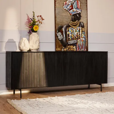 Produktbild von Schwarze Mangoholz Kommode Madison mit 4 Türen, Lamellenmuster, 85x210x45 cm (HxBxT)