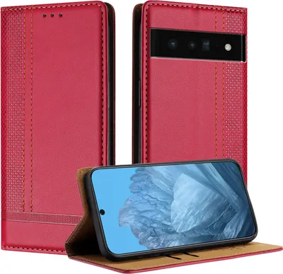 Produktbild von Handyhülle für Google Pixel 6 Pro Leder Flip Klappbare Schutzhülle mit Standfunktion Rot