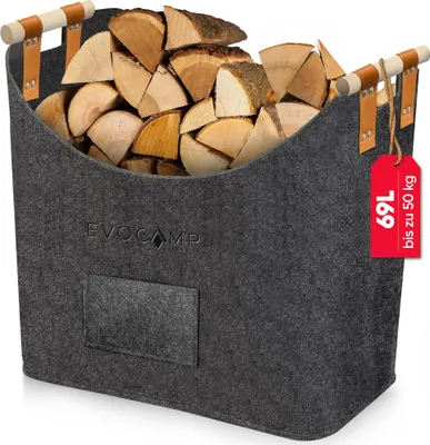 Produktbild von EVOCAMP großer Holzkorb für Kaminholz und Aufbewahrung, XXL Kaminholzkorb in Dunkelgrau mit Holzgriffen, Zeitungskorb (44x44x30 cm)