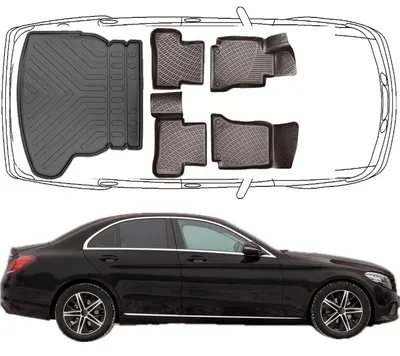 Produktbild von 3D Fußmatten & Kofferraumwanne Auto Set Kompatibel mit Mercedes C Klasse W205 Limousune 2014 - 2022 Umklappbare Rücksitze mit rechtem Ausbuchtung
