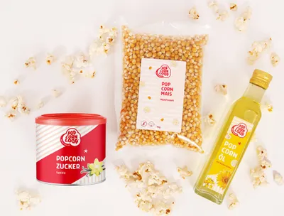 Produktbild von Popcornloop Zutaten Set 3 mit Mushroom Mais 1kg, Popcornzucker Vanille 300g und Popcornöl 250ml mit Butteraroma, Zuhause Partyset Popcornset