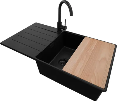 Produktbild von PRIMAGRAN Granitspüle Alles Schwarz 90x50cm, Spülbecken 1 Becken + Ablauf-Set + Küchenzubehörset, Küchenspüle ab 60er Unterschrank - Kopenhagen