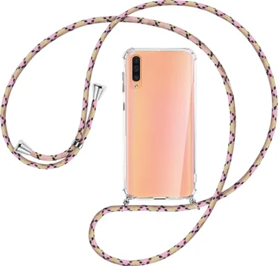 Produktbild von Handykette Backcover-Schutzhülle mit Band (Metall silberfarben) für Samsung Galaxy A50 - rosa Karo