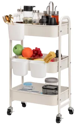 Produktbild von Servierwagen aus Metall auf Rollen, 3 Etagen, Küchenwagen, Bastelwagen, Aufbewahrungswagen für Wohnzimmer, Schlafzimmer, Badezimmer, Büro, weiß mit 3 Tassen