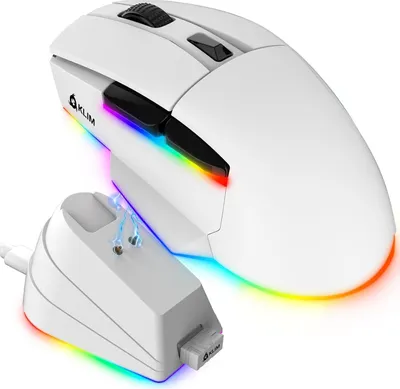 A white wireless gaming mouse and its charging dock are shown with RGB lighting.