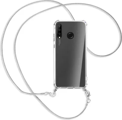 Produktbild von Handykette Backcover-Schutzhülle mit Band (Metall silberfarben) für Huawei P30 Lite - silberfarbene Kette Snake