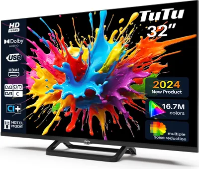 Produktbild von TUTU Fernseher, 32 Zoll (80 cm), HD Ready, LED, Triple Tuner DVB-T/T2/C/S/S2, HDMI, USB, Media Player, CI+, Hotelmodus, Randlos, Middle Base, TUB32HN1NC, 2025