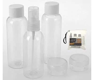Produktbild von Flaschen Reisebehälter für Kosmetik fürs Flugzeug mit 5-teiliger Kosmetiktasche
