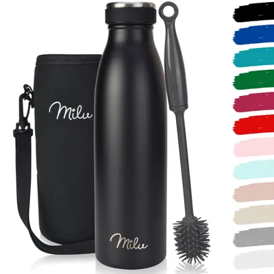 Produktbild von Milu Thermoflasche 500ml Isolierte Edelstahl Trinkflasche Thermoskanne Auslaufsichere Isolierflasche doppelwandig für heiße & kalte Getränke (Schwarz)