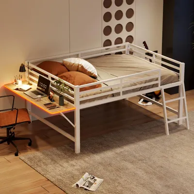 Produktbild von Merax Kinderbetten Halbhohes Bett 140x200cm mit Seite Schreibtisch, Leiter, LED-Beleuchtung, Geländer, Hausbett Design Metallbett, Jugendbett, Weiß