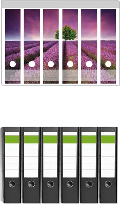Produktbild von Wallario 6 Stück breite Ordner inkl. Klebeetiketten mit Motive Lila Blumenfeld -  Set mit Rückenschildern / Ordnerrücken Stickern