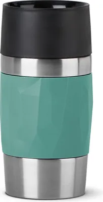 A studio shot of a green travel mug.