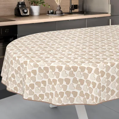 Produktbild von Tischdecke Shabby Chic Herz Beige Oval 200x140cm mit Band-Kante Wachstuch abwaschbar