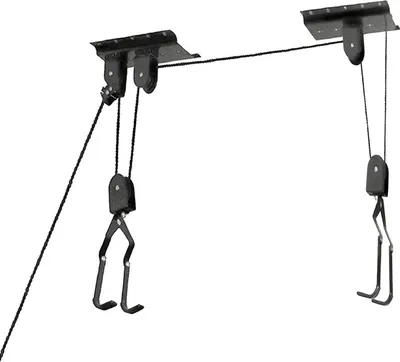Immagine prodotto di Sollevatore per biciclette con blocco a carrucola | Sospensione per biciclette per montaggio a soffitto | Portata - 20 kg | Supporto a soffitto per biciclette | Sollevatore a soffitto per e-bike con cavo di trazione - Sollevatore per biciclette | Universale per scala, gommone