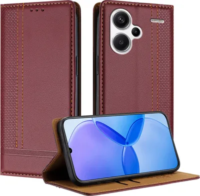Produktbild von Handyhülle für Xiaomi Redmi Note 13 Pro+ Leder Flip Klappbare Schutzhülle mit Standfunktion Dunkelrot