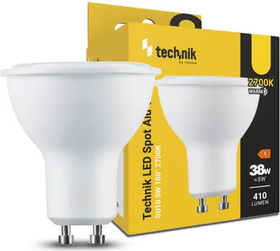 Two white LED light bulbs are shown in front of their yellow and black packaging.