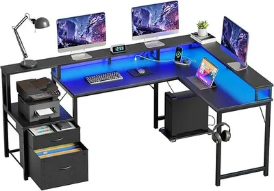 Produktbild von Eckschreibtisch mit Schubladen Schreibtisch L Form 168x100cm Gaming Tisch mit LED Computertisch mit Steckdose und USB-Ladeanschluss Bürotisch Schwarz