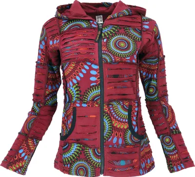 Produktbild von Goa Patchwork Jacke, Boho Kapuzenjacke, Ethno Jacke - Weinrot/blau, Damen, Baumwolle, Größe: L