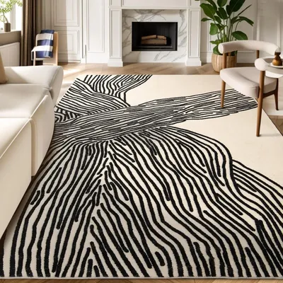 Obrázek produktu pro Koberec s pruhy – Lze prát v pračce – Krátký vlas – Protiskluzová gumová spodní strana – 100 % polyester – 80 x 150 cm – Černo-bílý